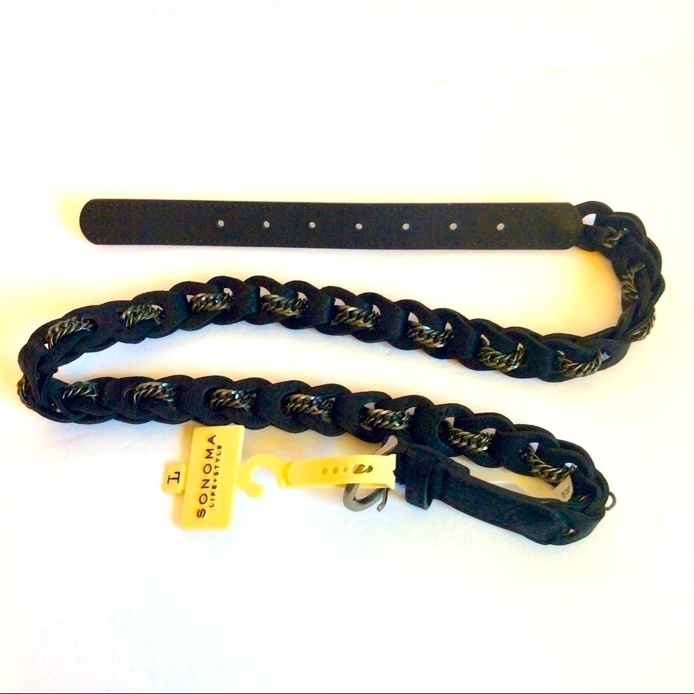 New branded black suede and chain belt.